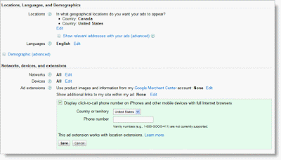 Google Adwords Clicks to Call Phone Number Settings