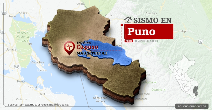 Temblor en Puno de Magnitud 4.1 (Hoy Sábado 2 Mayo 2020) Sismo - Epicentro - Capaso - El Collao - IGP - www.igp.gob.pe