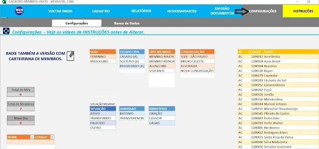 Configurações Planilha Cadastro Membros Grátis