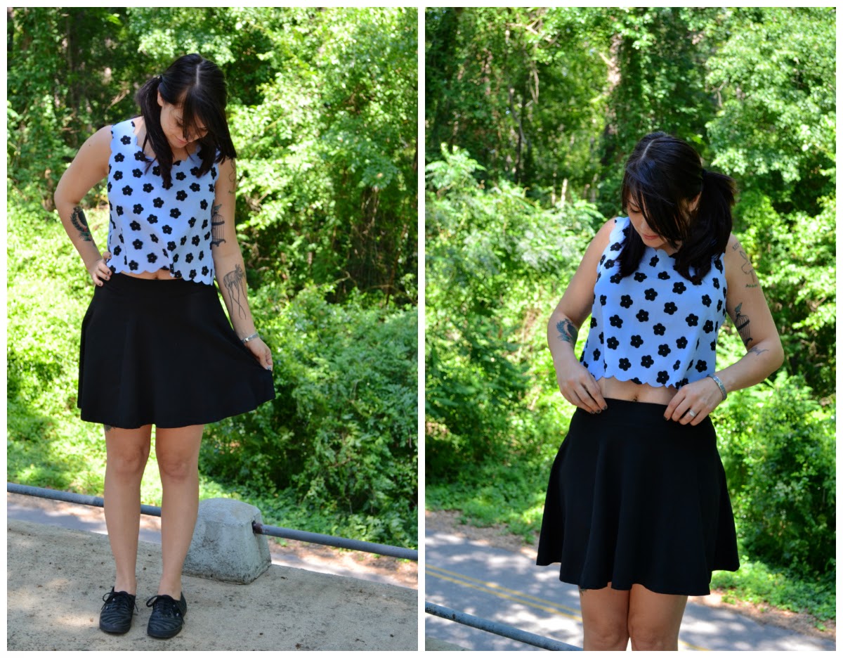 blue daisy top, daisy crop top, blue crop top, black circle skirt, h&m circle skirt, h&m black skirt, TJ Maxx, TJ Maxx top, post pregnancy outfit, zebra vans, zebra print vans