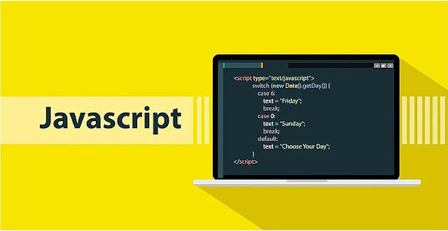 The word "Javascript" on a yellow background, with a stylised computer screen depicting some code.