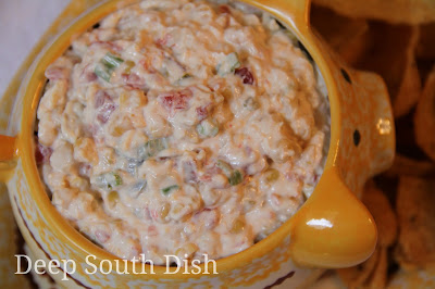 A cold dip made with Mexicorn, cheese, green chilies, jalapenos, Rotel, mayo, sour cream, green onion and seasonings.