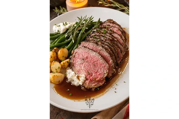 Classic Roast Beef sliced medium-rare on a white platter with horseradish sauce, garnished with parsley, served with roasted potatoes and green beans.