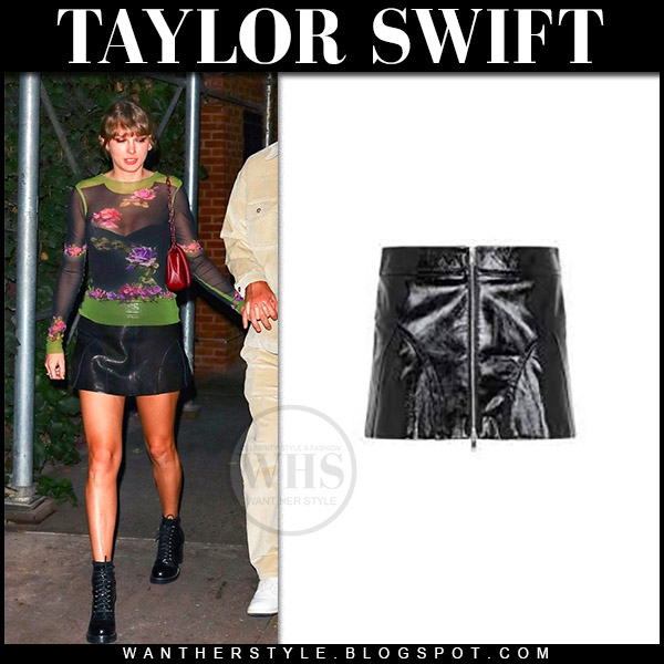 Taylor Swift in sheer floral top and black mini skirt
