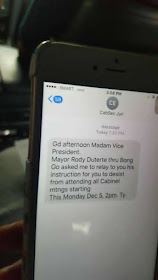  The Vice President, Leni Robredo was hired via phone call by President Duterte to become the Housing Secretary. And recently, a break-up text was sent to her to stop attending all Cabinet meetings in Malacanang.  Soon after the tex,  Philippine Vice President Leni Robredo resigned from her post citing that the order will make it impossible for her to perform her duties.  The text message was sent by Secretary Jun Evasco Jr which reads as follows:  Cabinet Secretary Jun Evasco Jr’s text to Vice President Leni Robredo. Photo by Barry Gutierrez.   "Good afternoon Madam Vice President. Mayor Rody Duterte thru Bong Go asked me to relay the message to you to desist from  attending all Cabinet meeting starting December 5, 2 p.m. Thank you."  Following the text message, Leni Robredo resigned as chief for Housing and Urban Development Coordinating Council. Her public statement also published and reads as follows:  "Statement of Vice President Leni Robredo 4 December 2016  We had hoped this day would not come. I had been warned of a plot to steal the Vice Presidency. I have chosen to ignore this and focus on the job at hand. But the events of recent days indicate that this plot is now being set into motion.   From the very beginning, the President and I had major differences in principles and values. Since I assumed office, I have been consistent in my opposition to issues such as the burial of former President Ferdinand Marcos in the Libingan ng mga Bayani, extra-judicial killings, reinstating death penalty, lowering the age of criminal liability, and sexual attacks against women.   But we both had a mandate to serve the people. I had hoped that this shared commitment to the poor and marginalized would transcend the differences between us.   So, I took the job of Housing Secretary when it was offered to me.   In barely five months, we have solid accomplishments in HUDCC. This, despite the obstacles thrown our way, which are:   One, the budget for all key shelter agencies in 2017 has been slashed by more than P19 billion. Two, all our key shelter agency appointment recommendations have not been acted on. Three, the Executive Order designed to make HUDCC effective was not signed. Then, we received a text message last Saturday from Cabinet Secretary Jun Evasco, Jr., relaying the President’s instruction through Bong Go for me “to desist from attending all Cabinet meetings starting this Monday, December 5.”   This is the last straw, because it makes it impossible for me to perform my duties. Hence, I am tendering my resignation from the Cabinet on Monday, December 5, 2016. With this resignation, you can expect that I will continue to support the positive initiatives of this administration and oppose those that are inimical to the people’s interest.   However, as your duly elected Vice President, I will not allow the Vice Presidency to be stolen. I will not allow the will of the people to be thwarted. I will continue to serve the Filipino family and fulfill their dream for a better life."    According to the Vice President, there is a plot to steal the Vice Presidency from her.   She also mentioned that she has solid accomplishments in barely five months of being a Housing Secretary in spite obstacles thrown at them .  "This, despite the obstacles thrown our way, which are:   One, the budget for all key shelter agencies in 2017 has been slashed by more than P19 billion.   Two, all our key shelter agency appointment recommendations have not been acted on.   Three, the Executive Order designed to make HUDCC effective was not signed.   Then, we received a text message last Saturday from Cabinet Secretary Jun Evasco, Jr., relaying the President’s instruction through Bong Go for me “to desist from attending all Cabinet meetings starting this Monday, December 5...  This is the last straw, because it makes it impossible for me to perform my duties     FINAL ENTRY HERE, LINKS OTHERS  END or DELETE THIS HERE ©2016 THOUGHTSKOTO