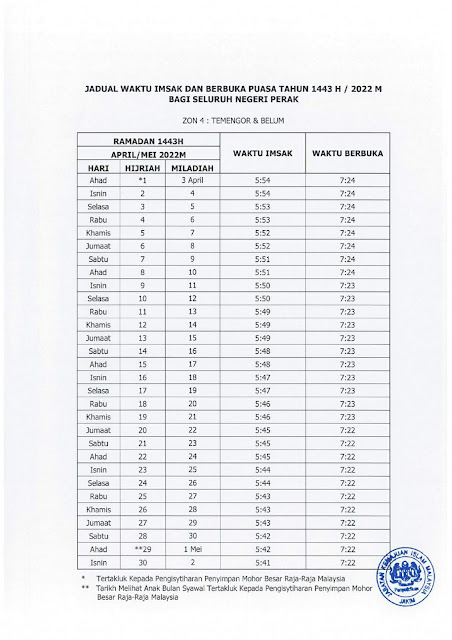 Jadual Berbuka Puasa Dan Imsak Di Negeri Perak Tahun 2022