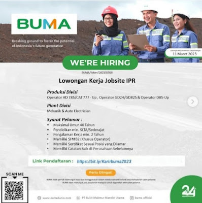 Rekrutmen PT Bukit Makmur Mandiri Utama (BUMA)  Kalimantan Jobsite IPR Tahun 2023