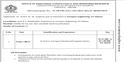 Project officer Aerospace,Mechanical and Computer Science Engineering Job Opportunities in Indian Institute of Technology, Madras
