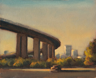 Landscape oil painting of a large curving bridge with distant high-rise buildings.