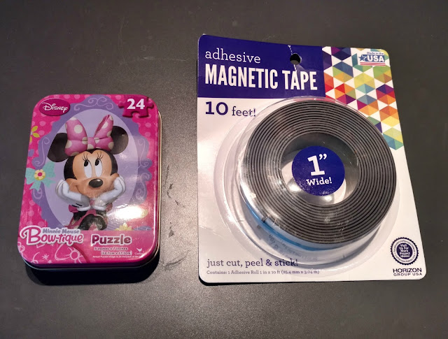 Use a dollar store cookie sheet, magnetic tape and a puzzle and you've instantly got an activity to keep your kids busy in the car!