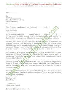 write a letter on the bad condition of the road in your town
