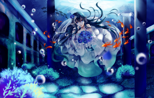     Girl wedding dress blue eyes bubbles flowers origina underwater Anime HD Wallpaper Backgrounds Image Photo Picture d44.