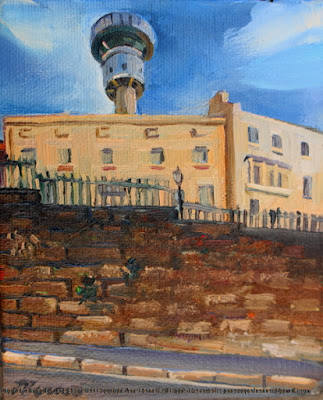 plein air oil painting of heritage terraces Millers Point & Harbour Control Tower by industrial heritage artist Jane Bennett