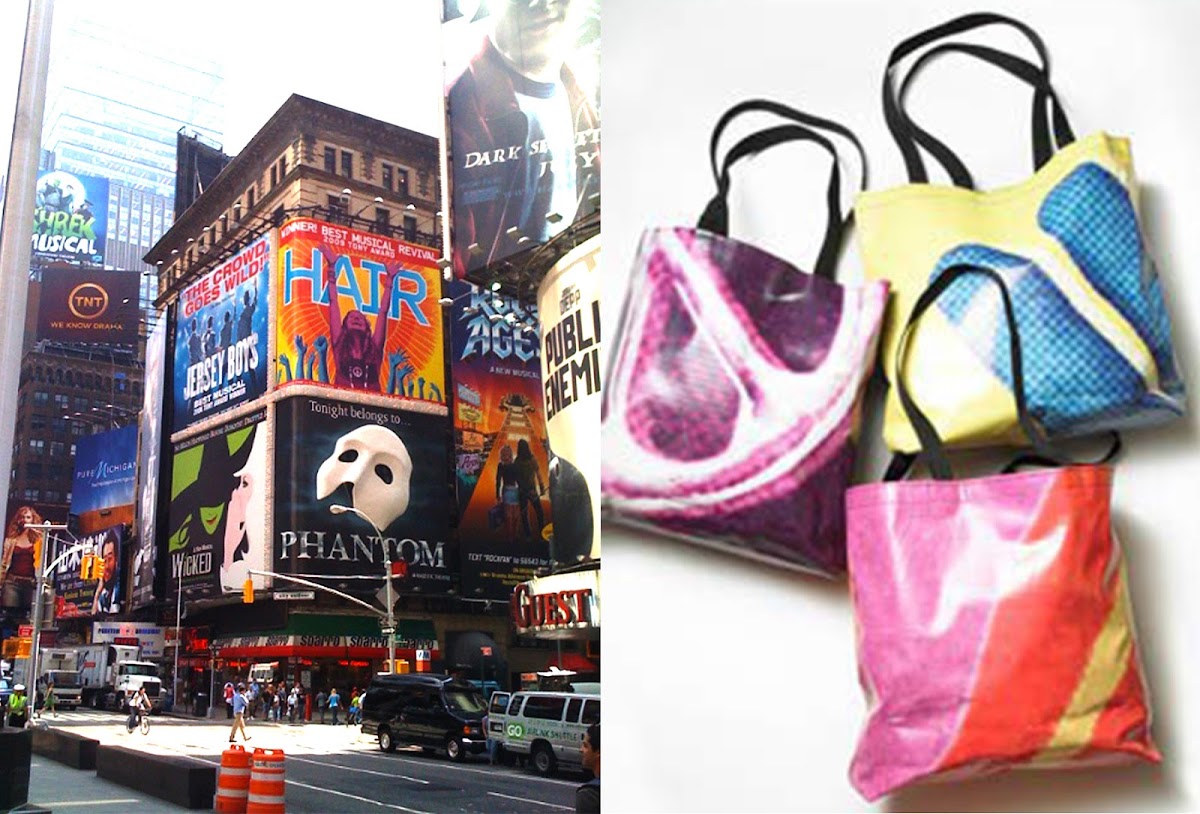 picture of the Hair signage on Broadway and a picture of the tote bags