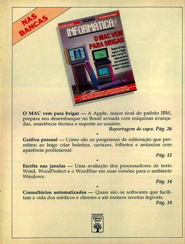 Anúncio veiculado em 1992 apresentando o conteúdo da Revista Exame Informática
