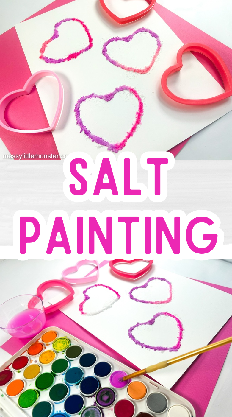 Salt painting for kids. A fun process art idea using salt and paint. Heart salt art.