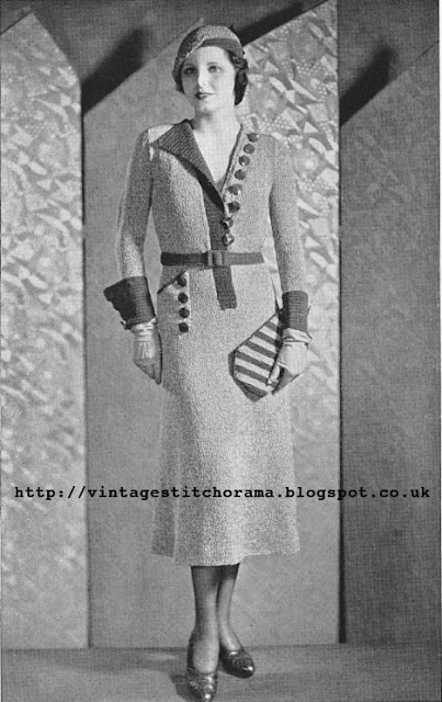 Free 1930's Knitting pattern for a One Piece Dress Hat & Purse