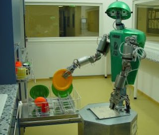 robot loading a dishwasher (with plastic dishes)