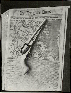 Symbolizing the role of Remington in arming the North is photo of original nickle and ivoryhandle New Model .44 laid across Civil War map of Union successes. Pistol is in collection of and photo by Don Simmons.