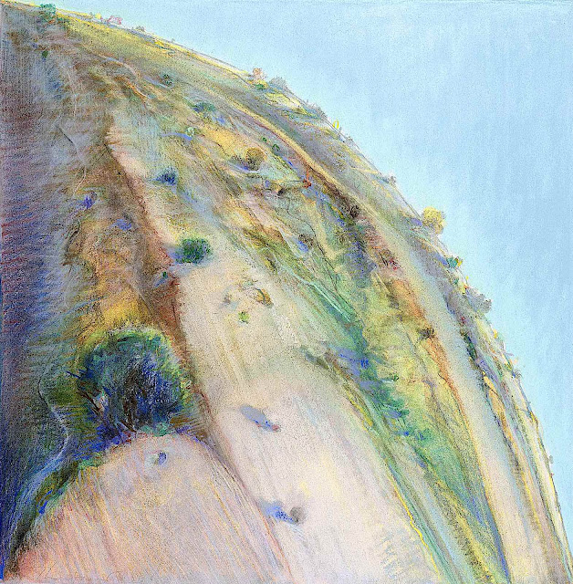 a Wayne Thiebaud painting of a strange stretched landscape