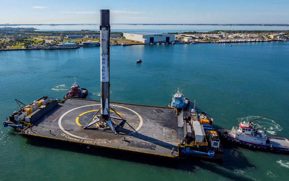 The Autonomous Spaceport Drone Ship (ASDS) named “Of course I still love you” carrying a Falcon 9 booster. Spacexfleet.com, 2020.