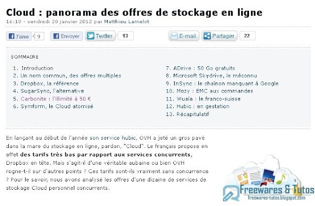 Le site du jour : panorama des offres de stockage en ligne (Cloud)