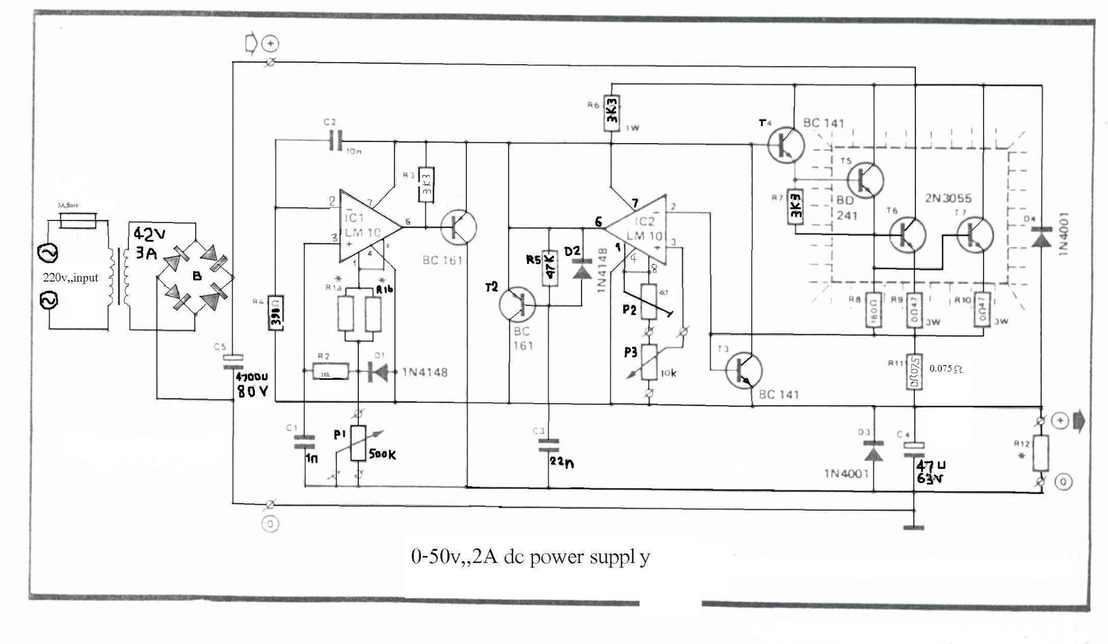 Simple 0-50V 2A Bench Power Supply Circuit Diagram  