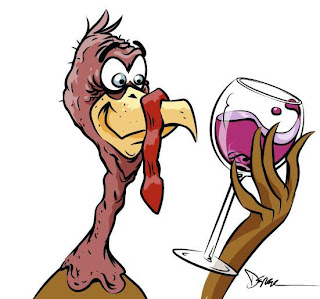 Cartoon turkey holding a glass of wine