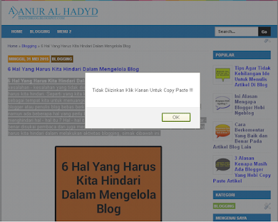 Cara Agar Postingan Blog Tidak Bisa Di Copy Paste 