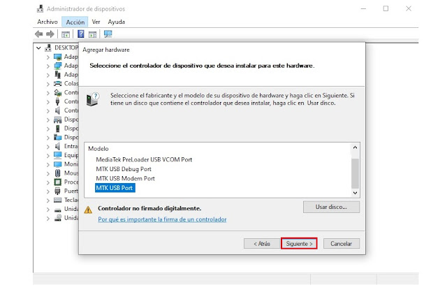 Instalación de driver heredado MTK USB VCOM en Windows