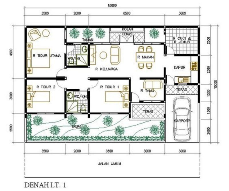 denah rumah 3 kamar tidur 10x15 m 1