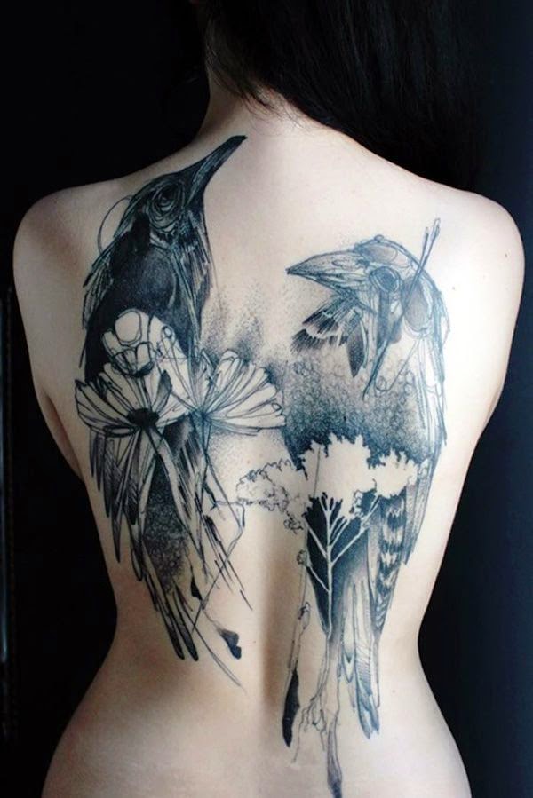 Women Crow Design Pair Tattoo, Pair Crow Design Amazing Tattoo, Women Fullback With Stunning Crows Design Tattoo, Crows Sitting On Women Back Tattoo, Women, Birds, 