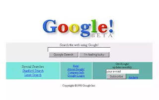 Google's first homepage with 1998 Google logo