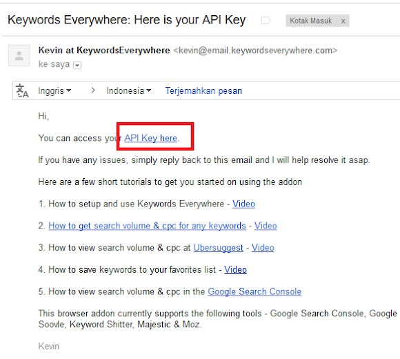 tampilan email dari keywords everywhere