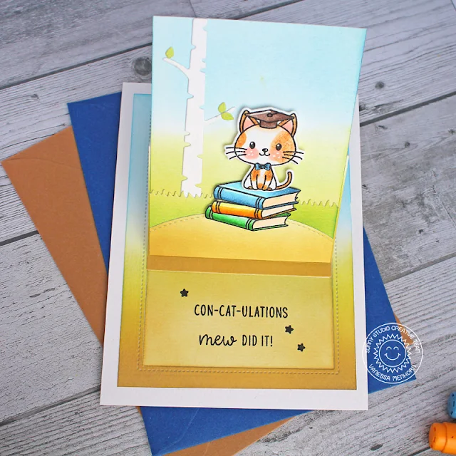 Sunny Studio Stamps: Grad Cat Sliding Window Dies Rustic Winter Dies Graduation Themed Card by Vanessa Menhorn