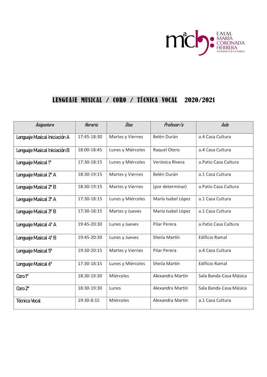 Horarios de Grupos.  Curso 2020-2021