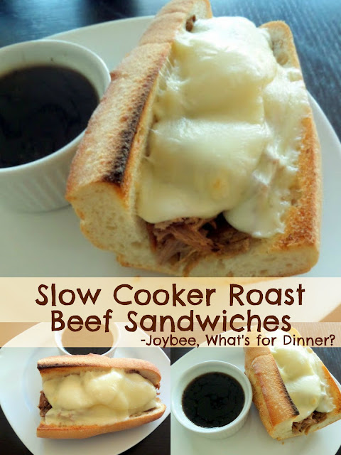 Slow Cooker Roast Beef Sandwiches:  Beef roast slow cooked in broth and beer until tender then placed on a baguette and topped with melted cheese.  The cooking liquid can be used as a dipping sauce.