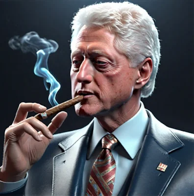 Bill Clinton smoking a cigar wearing a gray suit