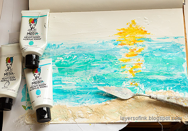 Layers of ink - At the sea mixed media tutorial by Anna-Karin Evaldsson. Paint the sea with acrylic paint.