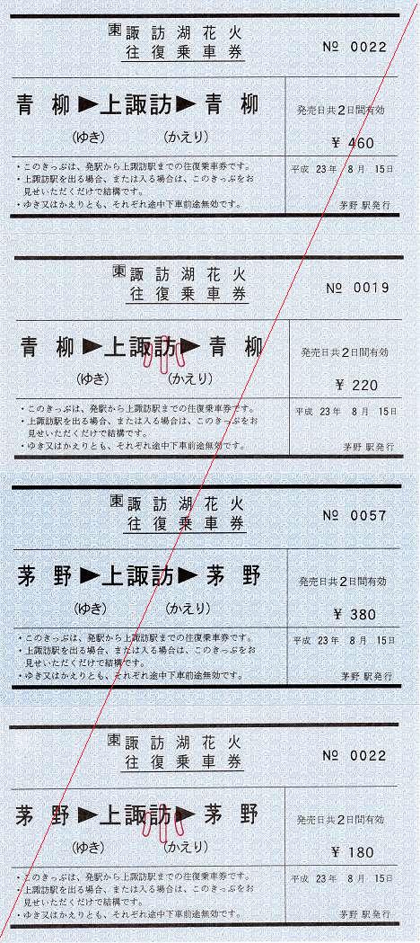 JR東日本　第63回諏訪湖花火往復乗車券1　常備券　軟券　青柳・茅野駅