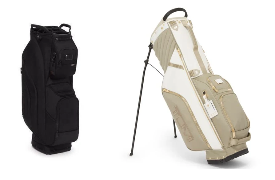 TUMI Golf Cart Bag in Black and Golf Stand Bag in Off-White/Tan.