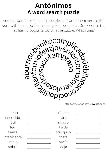 Antonyms : A Word Search Spiral for Spanish learners