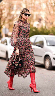  Flower maxi dress long red boots