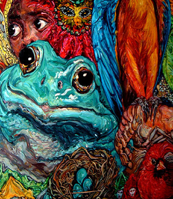 blue frog, green frog, frog art, frog painting, crawfish, cardinal, bird nest, bird eggs, robin eggs, macaw art, macaw painting, louisiana, south louisiana, cajun