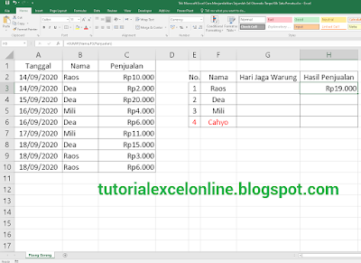 Hasil penjumlahan sel tertentu dalam Excel