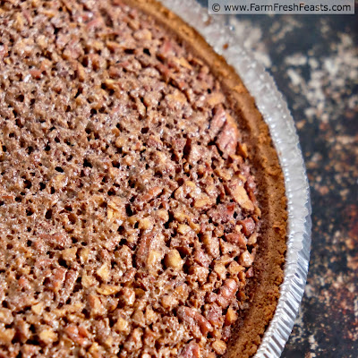 close up of chocolate pecan chess pie