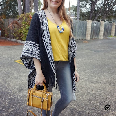 awayfromblue instagram | rebecca minkoff ruana poncho kimono frey skinny jeans mustard yellow regan bag