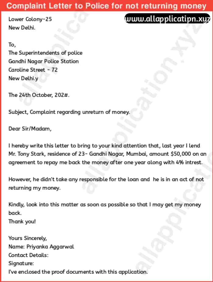 How To Write Complaint Letter To Police For Not Return Money Back