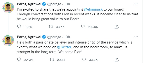 Parag-Welcome-Elon Elon Join Twitter board