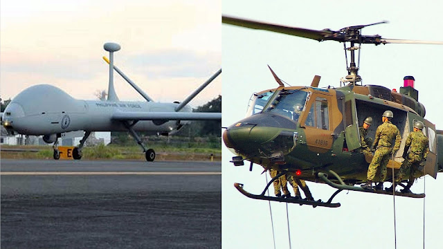 A Hermes 900 Drone of the PAF and a UH-1J Helicopter of the JGSDF